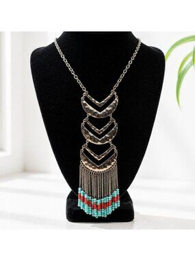 Hammered Silver-Tone Chevron Pendant Necklace With Beaded Fringe & Lobster Clasp